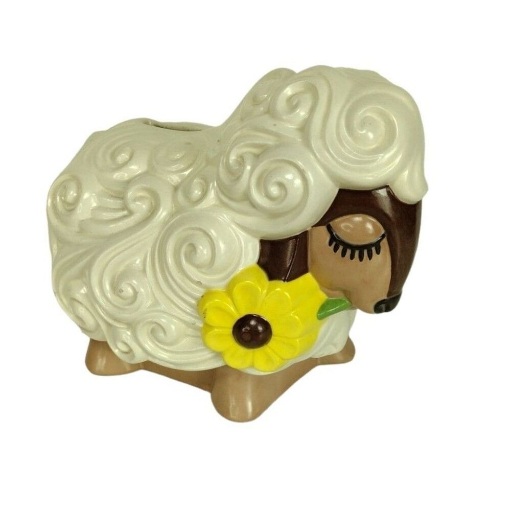 Vintage 70s Ceramic Curly Hair Sheep Daisy Flower Nursery Piggy Bank Figurine
